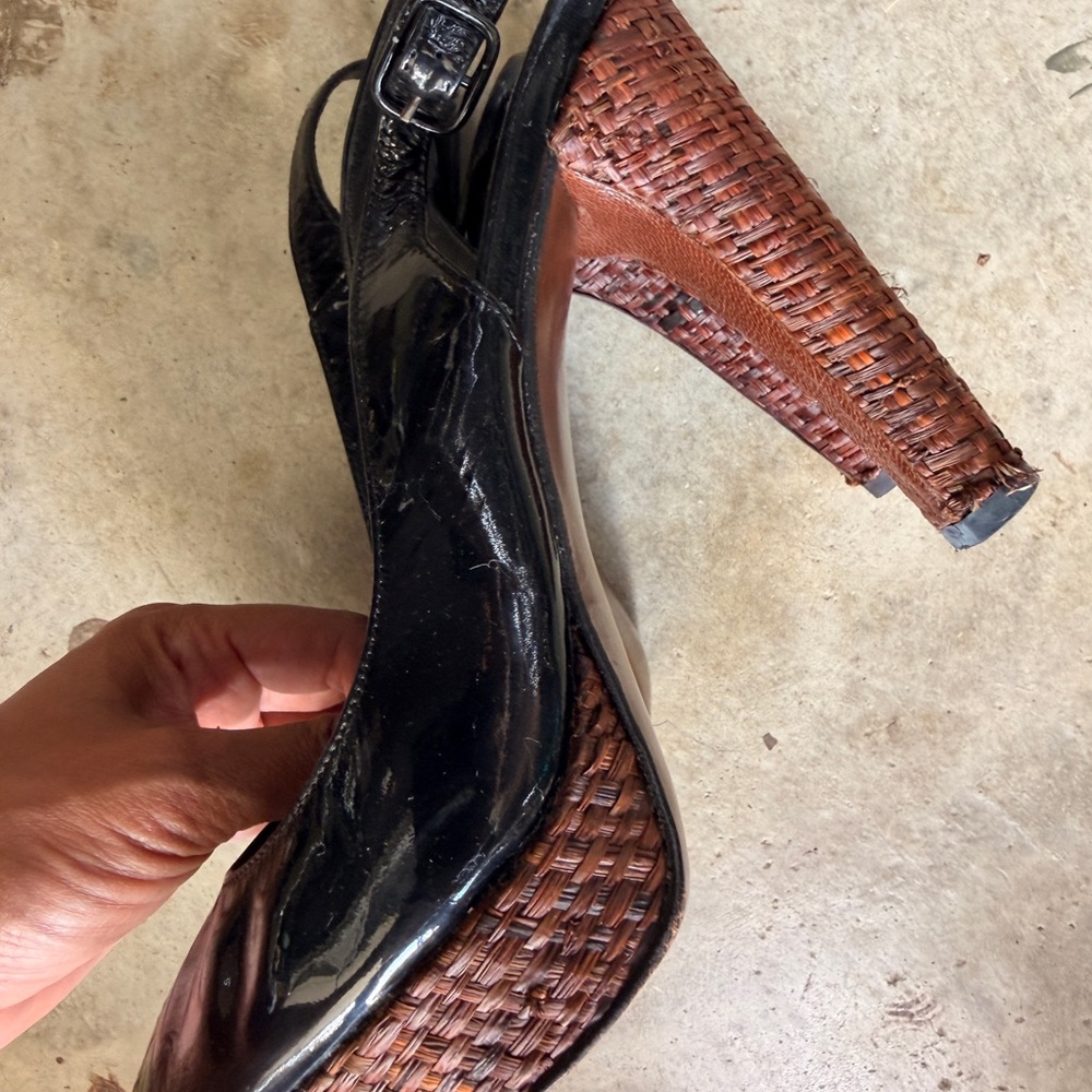 Stuart Weitzman Black Patent Slingback Heels with Woven Brown Heel